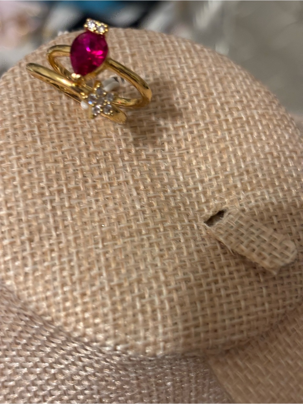 Gold Ring with Fuchsia Teardrop Stone and Accent Crystals